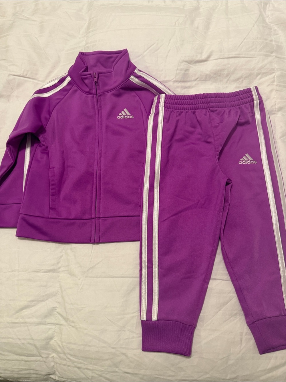 adidas Kids Purple Track Jacket and Pants Set with White Stripes